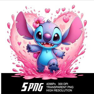 Może przedstawiać: Niebieska postać Stitch z Lilo & Stitch stoi w r&oacute;żowym, sercowatym rozprysku cieczy. Stitch ma r&oacute;żową kwiatkę we włosach i szczęśliwy wyraz twarzy.