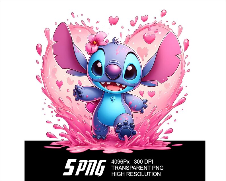 Może przedstawiać: Niebieska postać Stitch z Lilo & Stitch stoi w r&oacute;żowym, sercowatym rozprysku cieczy. Stitch ma r&oacute;żową kwiatkę we włosach i szczęśliwy wyraz twarzy.