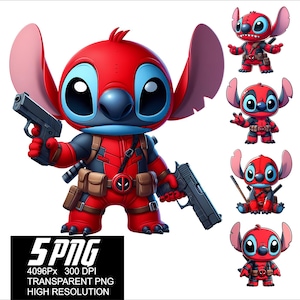 May include: Five digital illustrations of a blue and red Stitch character dressed as Deadpool. The character is holding a gun in one image and a sword in another. The images are set against a white background.