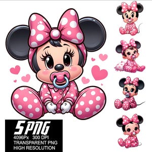 May include: Five digital illustrations of a cartoon baby in a pink and white polka dot outfit with a pink bow. The baby has large eyes, a pacifier, and a pink bow. The baby is in different poses, including sitting, standing, and looking to the side.