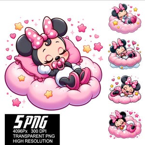 Puede incluir: Cinco ilustraciones digitales de un bebé Minnie Mouse de dibujos animados durmiendo en una nube rosa con estrellas. Cada imagen es un archivo PNG separado.