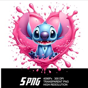 Może przedstawiać: Niebieska postać Stitch z filmu Disneya Lilo & Stitch wyłania się z r&oacute;żowego rozbryzgu farby w kształcie serca.