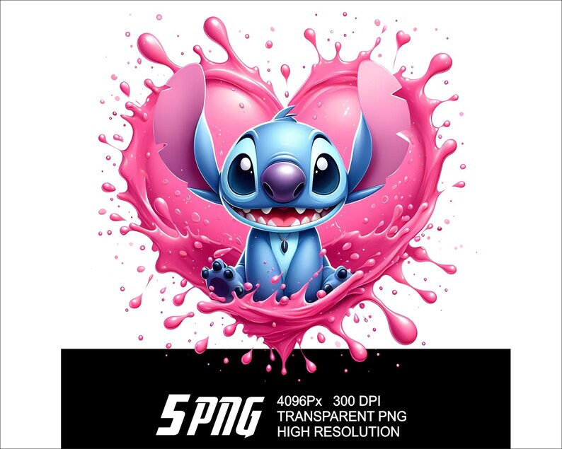Może przedstawiać: Niebieska postać Stitch z filmu Disneya Lilo & Stitch wyłania się z r&oacute;żowego rozbryzgu farby w kształcie serca.