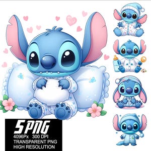 5 PNG Stitch Baby Nighty Design Stitch Baby Hohe Auflösung 4096px Designs geeignet für Druck oder Sublimation für Tshirt Aufkleber Becher