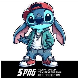 May include: A blue cartoon character with a red baseball cap, wearing a green jacket, blue jeans, and red sneakers. The character has a white shirt with a silver chain necklace. The character is making a hand gesture with its right hand.