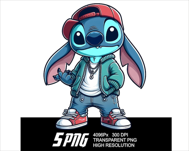 May include: A blue cartoon character with a red baseball cap, wearing a green jacket, blue jeans, and red sneakers. The character has a white shirt with a silver chain necklace. The character is making a hand gesture with its right hand.