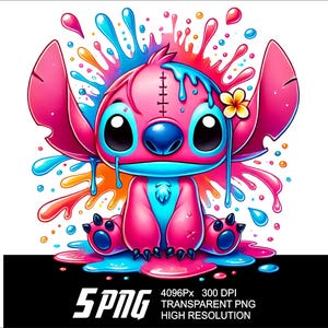 May include: A pink and blue cartoon character with large ears and a stitched face is covered in colourful paint splatters. The character is standing in a puddle of blue and pink paint.
