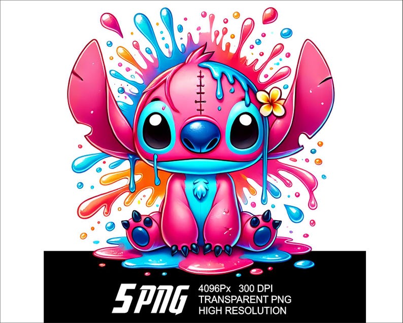 May include: A pink and blue cartoon character with large ears and a stitched face is covered in colourful paint splatters. The character is standing in a puddle of blue and pink paint.