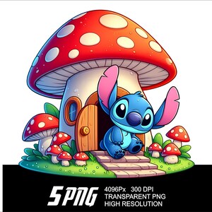 May include: A blue cartoon character with large ears and a big smile stands in the doorway of a red and white mushroom house. The house has a small window and a wooden door. There are smaller mushrooms around the house.