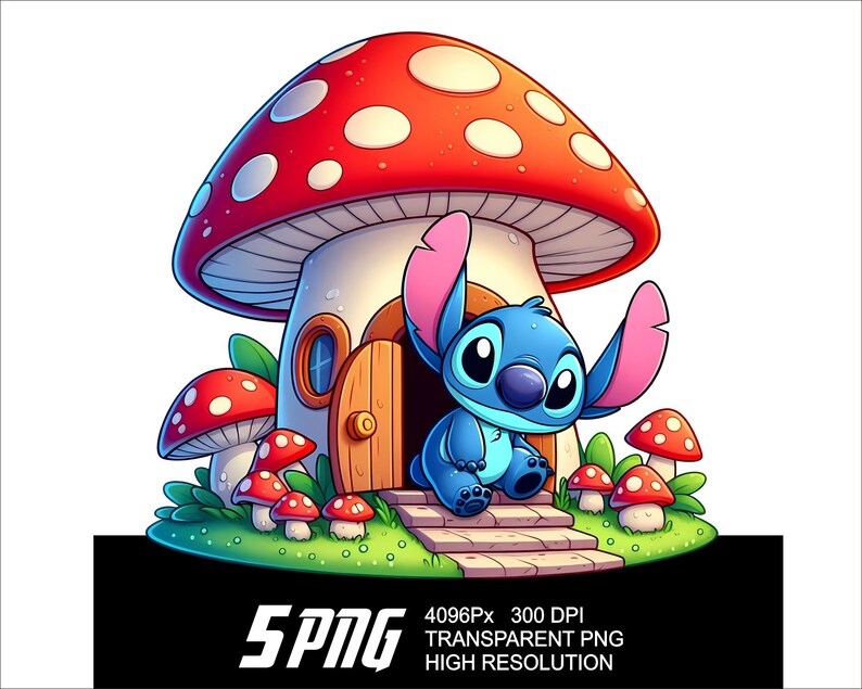 May include: A blue cartoon character with large ears and a big smile stands in the doorway of a red and white mushroom house. The house has a small window and a wooden door. There are smaller mushrooms around the house.