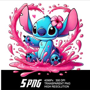 Może przedstawiać: Niebieska postać Stitch z Lilo & Stitch pluska się w r&oacute;żowym płynie, tworząc kształt serca ramionami. Ma r&oacute;żowy kwiat we włosach.