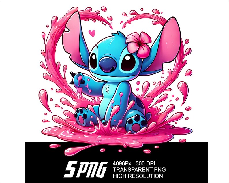 Może przedstawiać: Niebieska postać Stitch z Lilo & Stitch pluska się w r&oacute;żowym płynie, tworząc kształt serca ramionami. Ma r&oacute;żowy kwiat we włosach.