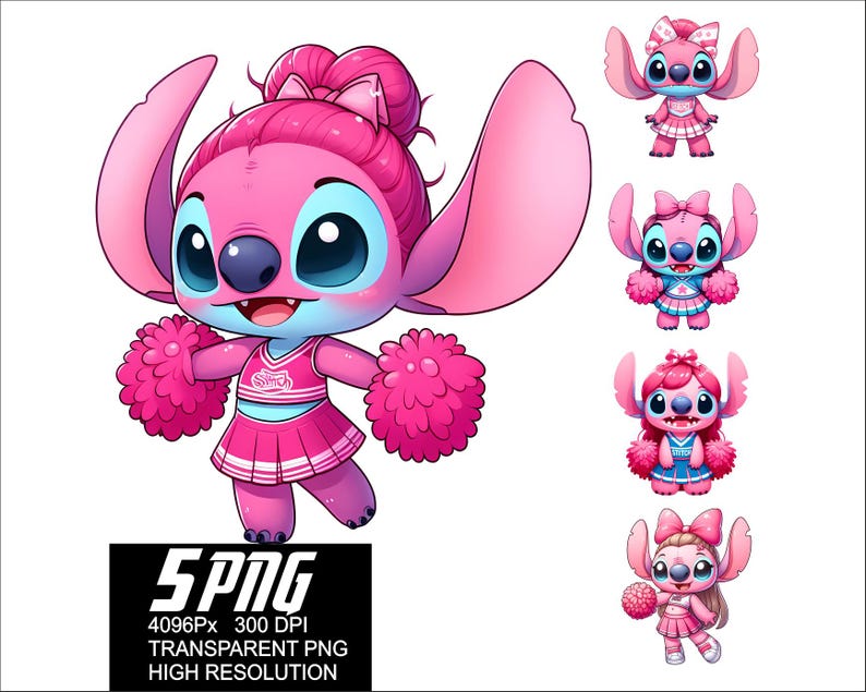 5 PNG Cheer Stitch Angel Design Stitch Angel Cheer Clipart Png High Resolution 4096px Design printing or Sublimation for Tshirt Sticker Mug image 1