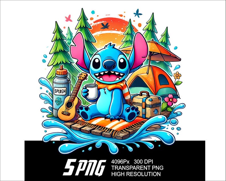 Puede incluir: Una vibrante ilustraci&oacute;n de un personaje de dibujos animados azul con grandes orejas, sonriendo y sosteniendo una taza, sentado en una plataforma de madera. La escena incluye una tienda de campa&ntilde;a, una guitarra, una botella de agua y un fondo de puesta de sol. La imagen tiene el texto "5PNG".