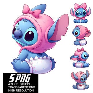 5 PNG Stitch Baby Pink Bow Design Baby Stitch High Resolution 4096px  Designs suitable printing or Sublimation for Tshirt Sticker Mug