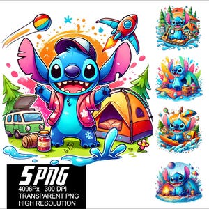 5 PNG Stitch Camping Design Splash Camping Stitch Png Diseños de alta resolución 4096px para impresión o sublimación para camisetas, calcomanías y tazas