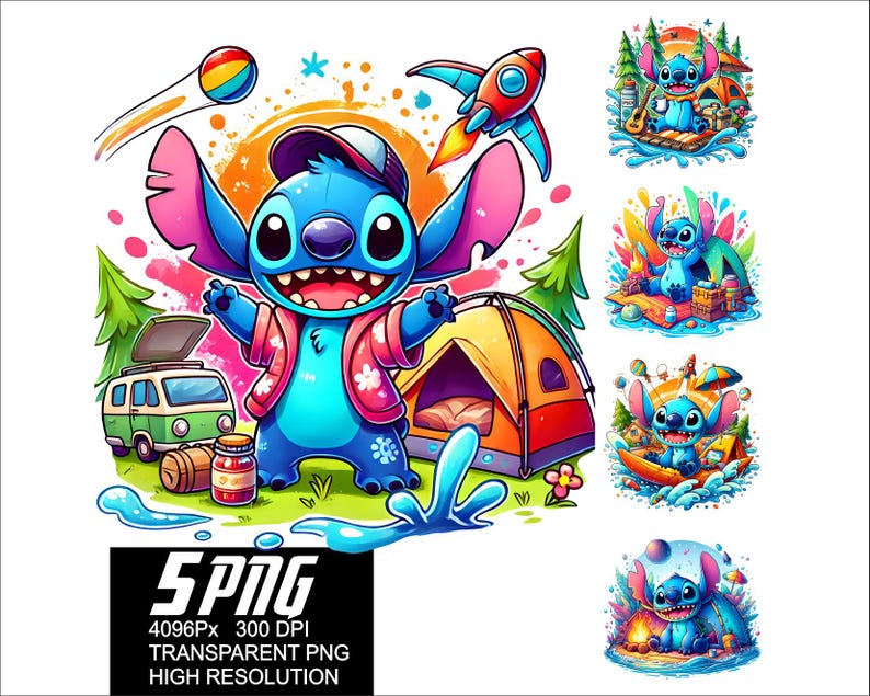 Puede incluir: Ilustraci&oacute;n vibrante de Stitch, el alien&iacute;gena azul, acampando. Stitch lleva una chaqueta y un sombrero rojos, con una furgoneta, una tienda de campa&ntilde;a y un cohete. La imagen incluye el texto "5PNG 4096PX 300 DPI TRANSPARENTE PNG ALTA RESOLUCI&Oacute;N."
