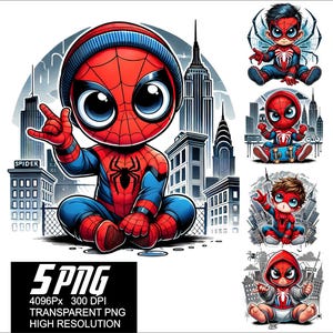 May include: A collection of cartoon Spider-Man illustrations. The main image features a large-eyed Spider-Man character in a red and blue suit, beanie, and cityscape background. Additional images show different poses and outfits.