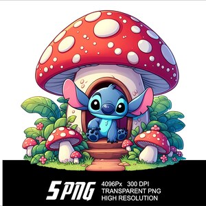 May include: A blue cartoon character with large ears and a big smile sits in a red and white mushroom house. The house has a white door and a brown path leading up to it. The mushroom house is surrounded by green leaves and small red mushrooms.