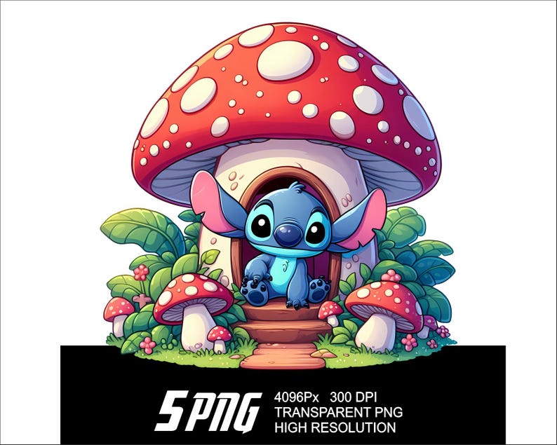 May include: A blue cartoon character with large ears and a big smile sits in a red and white mushroom house. The house has a white door and a brown path leading up to it. The mushroom house is surrounded by green leaves and small red mushrooms.