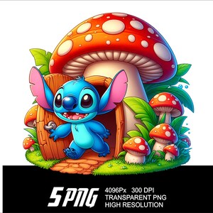May include: A blue cartoon character with large ears and a big smile stands in front of a mushroom house. The house is made of wood and has a red mushroom roof. There are smaller mushrooms growing around the house.
