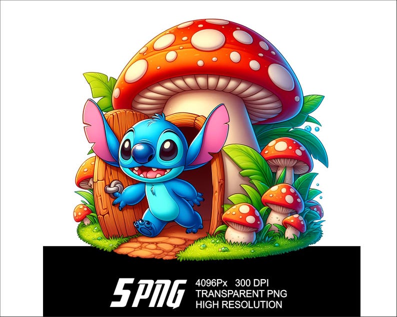 May include: A blue cartoon character with large ears and a big smile stands in front of a mushroom house. The house is made of wood and has a red mushroom roof. There are smaller mushrooms growing around the house.