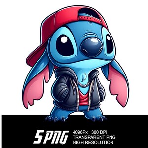 May include: A blue cartoon character with large ears and a red baseball cap. The character is wearing a black jacket with a red stripe and a silver chain. The character is standing with its arms crossed.