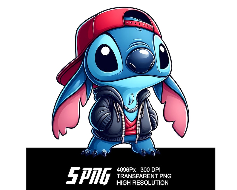 May include: A blue cartoon character with large ears and a red baseball cap. The character is wearing a black jacket with a red stripe and a silver chain. The character is standing with its arms crossed.