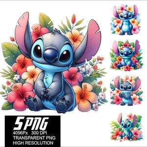 5 PNG Stitch Flowers Design Stitch Flowers Hawaii Png High Resolution 4096px  Designs printing or Sublimation for Tshirt Sticker Mug