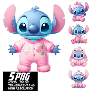 5 PNG Stitch Baby Pajamas Design Pink Stitch Baby High Resolution 4096px  Designs suitable printing or Sublimation for Tshirt Sticker Mug