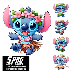 May include: Five digital illustrations of a blue cartoon character with large eyes and a flower lei. The character is wearing a grass skirt and has a happy expression. The character is in different poses and has different flower leis.
