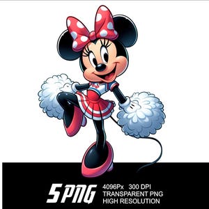 May include: A cartoon illustration of Minnie Mouse dressed as a cheerleader. She is wearing a red and white skirt, a blue and white top, and a red bow with white polka dots. She is holding two white pom-poms.
