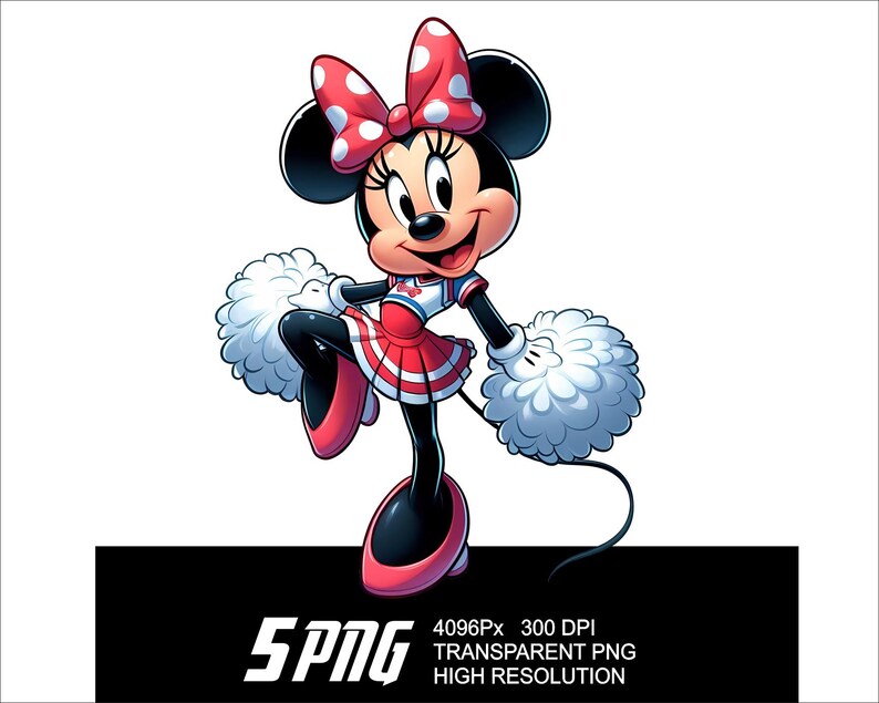 May include: A cartoon illustration of Minnie Mouse dressed as a cheerleader. She is wearing a red and white skirt, a blue and white top, and a red bow with white polka dots. She is holding two white pom-poms.