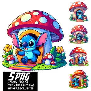 May include: A blue cartoon character with large ears and a big smile is standing in the doorway of a mushroom house. The mushroom house has a red and white spotted cap and a light brown stem. There are smaller mushrooms and flowers around the house. The image is a digital illustration.