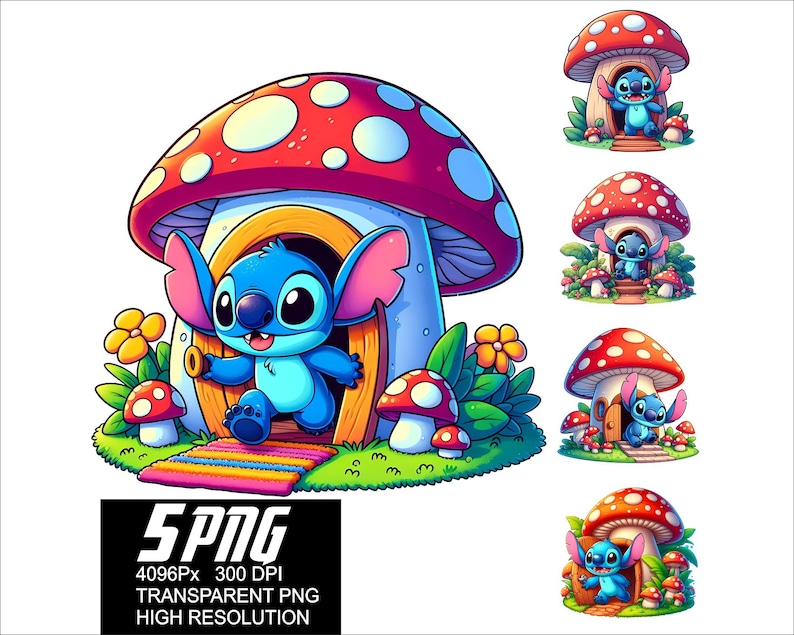May include: A blue cartoon character with large ears and a big smile is standing in the doorway of a mushroom house. The mushroom house has a red and white spotted cap and a light brown stem. There are smaller mushrooms and flowers around the house. The image is a digital illustration.