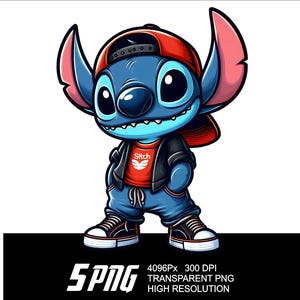 May include: A blue cartoon character with large ears, wearing a red and white baseball cap, a red shirt with the word "Stitch" on it, a black leather jacket, and blue jeans. The character is standing with its arms crossed and has a mischievous expression on its face.