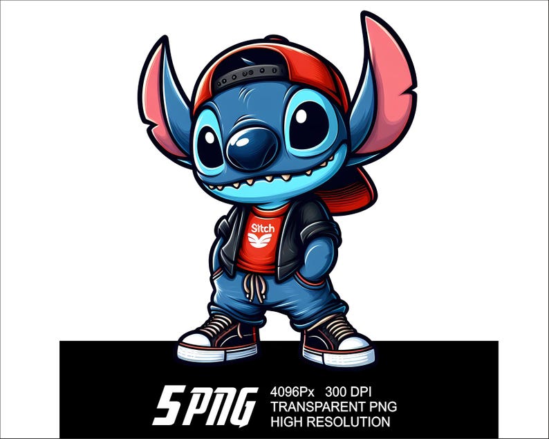 May include: A blue cartoon character with large ears, wearing a red and white baseball cap, a red shirt with the word "Stitch" on it, a black leather jacket, and blue jeans. The character is standing with its arms crossed and has a mischievous expression on its face.