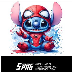 May include: A blue cartoon character with large ears wearing a red and blue Spiderman costume. The character has a friendly expression and is sitting on a white background with blue and red watercolor splatters.