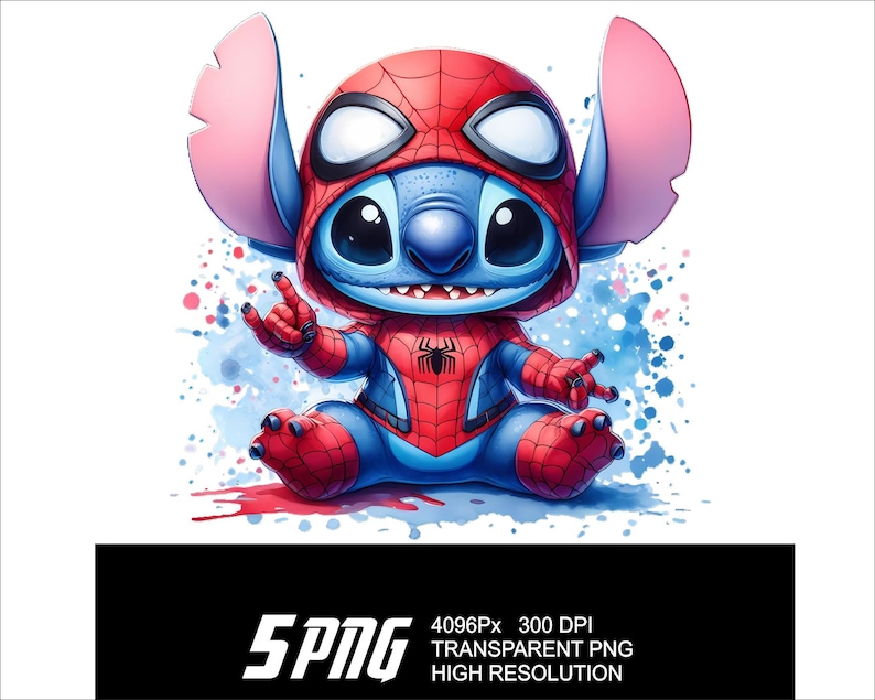 May include: A blue cartoon character with large ears wearing a red and blue Spiderman costume. The character has a friendly expression and is sitting on a white background with blue and red watercolor splatters.