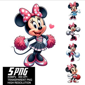 May include: Five digital images of a cartoon mouse wearing a cheerleader outfit with pom-poms. The mouse is wearing a black and white uniform with a red and white bow. The mouse is smiling and has a pink heart above her head.