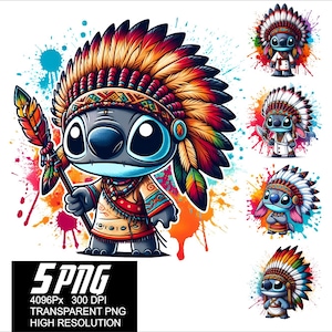 5 PNG Stitch Native Indian Png Alta Risoluzione 4096px Disegni stampa o sublimazione per Tshirt Adesivo Tazza