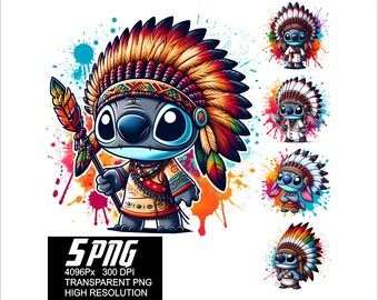 5 PNG Stitch Native Indian Png High Resolution 4096px  Designs printing or Sublimation for Tshirt Sticker Mug