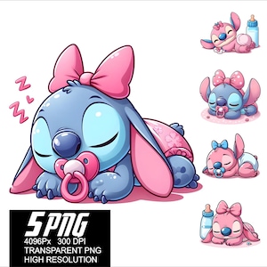 5 PNG Stitch Baby Sleep Design Girl Stitch Sleep Angel Diseños de alta resolución 4096px adecuados para impresión por sublimación para camisetas, calcomanías y tazas