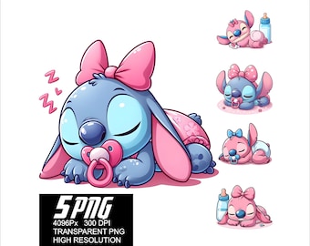 5 PNG Stitch Baby Sleep Design Girl Stitch Sleep Angel High Resolution 4096px  Designs suitable printing Sublimation for Tshirt Sticker Mug