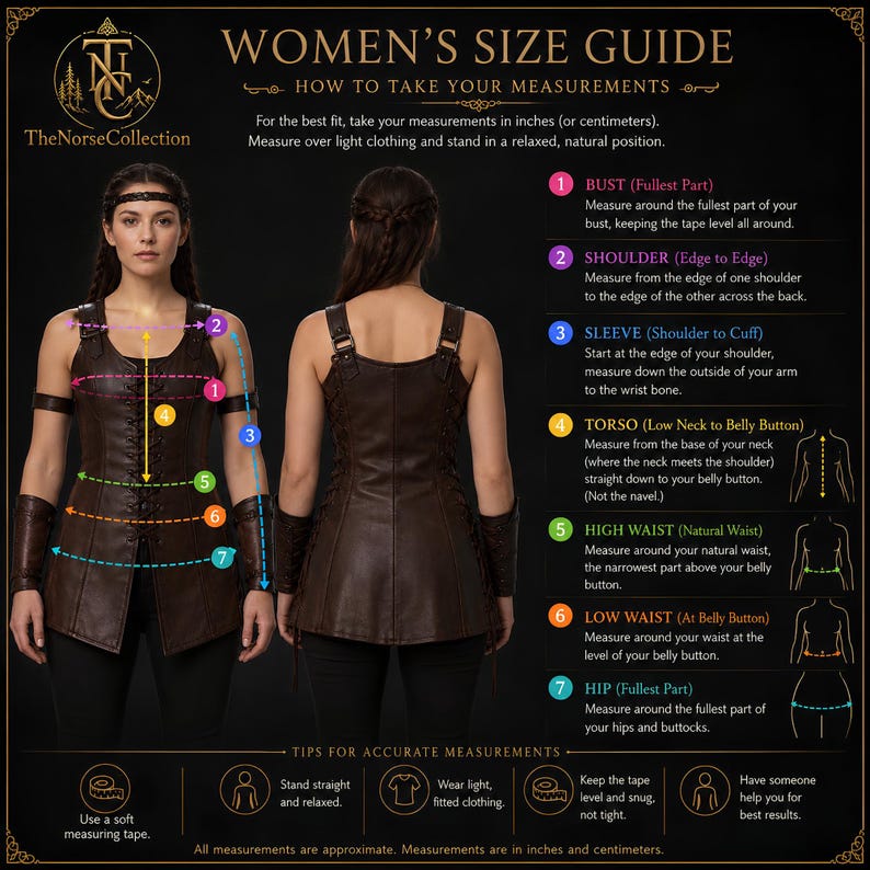 May include: A size guide infographic titled WOMEN'S SIZE GUIDE featuring a person wearing a brown leather-style vest and arm guards. The image displays seven numbered measurement points with corresponding text instructions for taking body measurements.