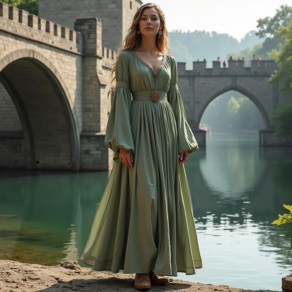 Enchanting Sage Green Renaissance Gown | Flowing Bishop Sleeves | Empire Waist with Decorative Brooch | Luxurious Soft Fabric