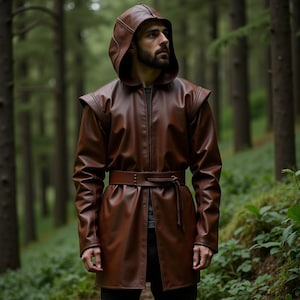 Men&#39;s Brown Hooded Robe | Viking Leather Medieval Cloak | Ranger LARP Costume | Long Belted Fantasy Coat | Renaissance Monk or Druid Outfit