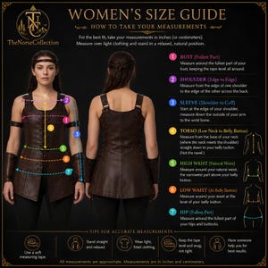 May include: A size guide infographic titled WOMEN'S SIZE GUIDE by TheNorseCollection. It features a front and back view of a brown leather-style vest with lacing, alongside seven numbered measurement points with instructions in inches and centimeters.