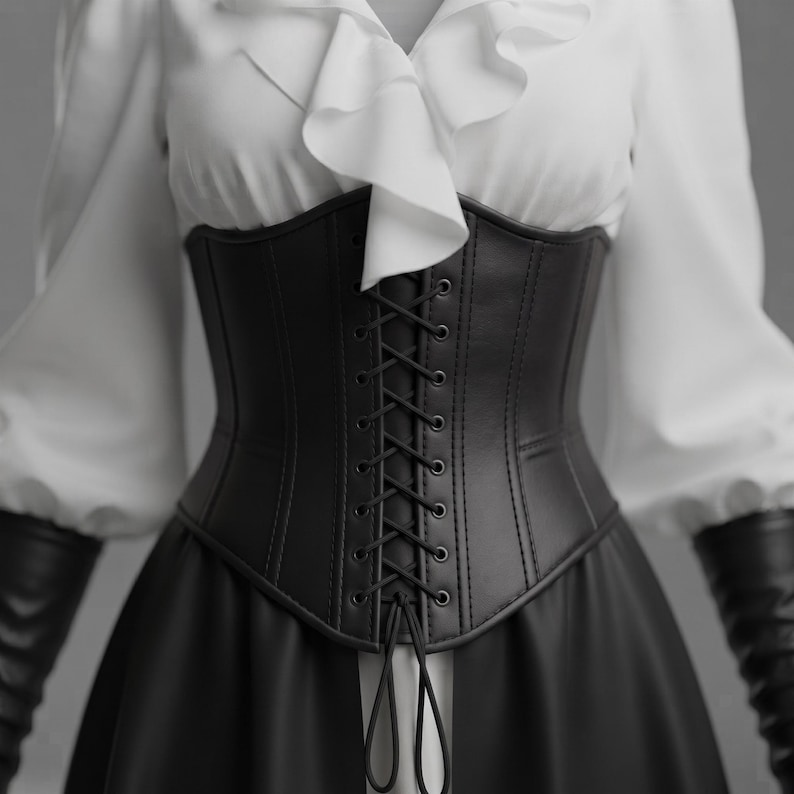 May include: A black corset featuring a front lace-up closure with black cord, worn over a white long-sleeved blouse with a ruffled neckline. The ensemble includes black gloves and a black skirt, creating a structured and layered appearance.