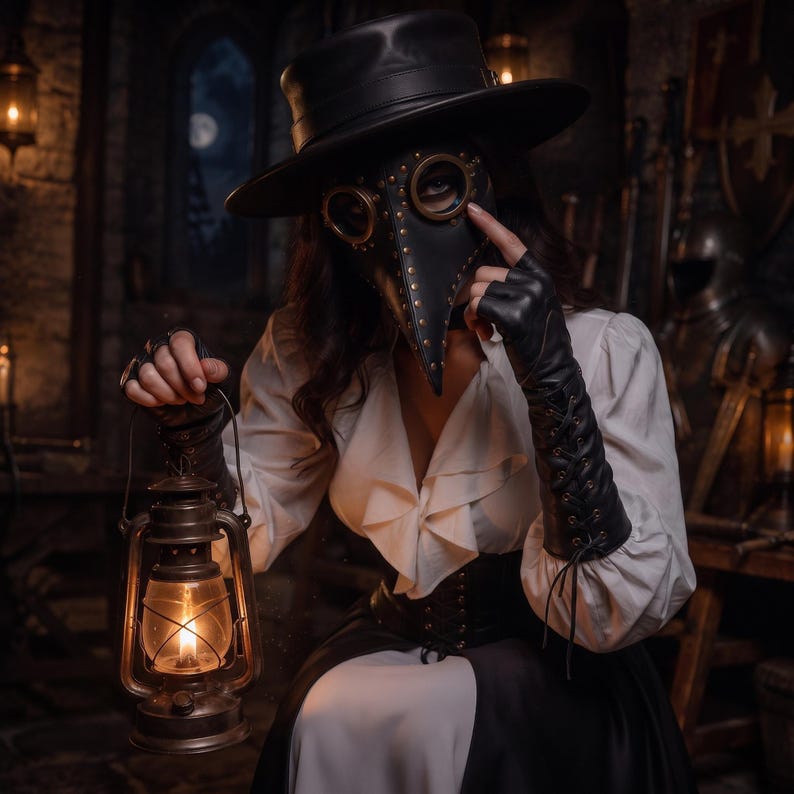 May include: A black plague doctor mask with brass-toned rivets and circular eye lenses, paired with a wide-brimmed black hat, a white ruffled blouse, a black corset, and long black fingerless leather gloves, while holding a metal oil lantern.
